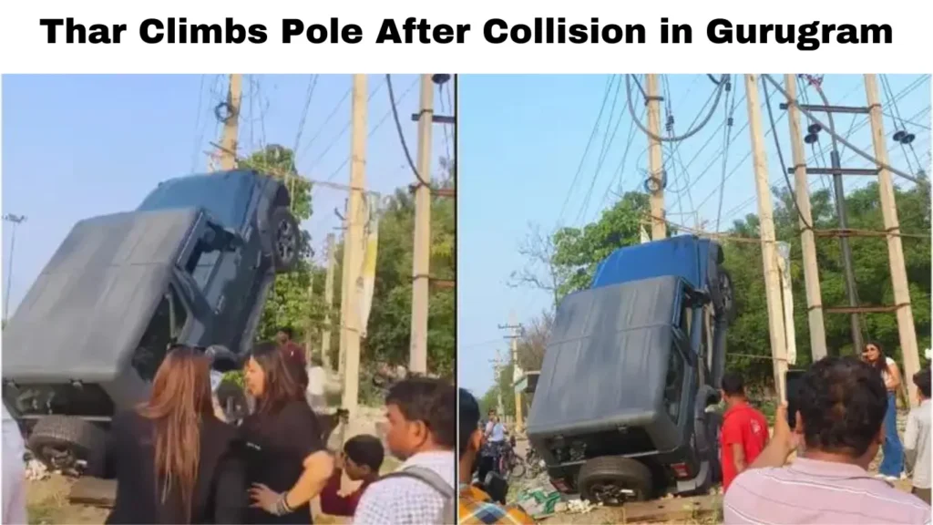 Thar Climbs Pole After Collision in Gurugram
